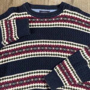 Vintage Woods & Grey Chunky Knit Grandpa Striped Sweater Men's XL Navy Blue Red - Picture 1 of 15