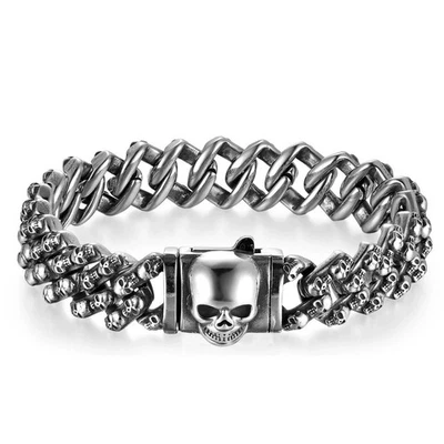 Винтажный череп из нержавеющей стали цепочка браслет для мужчин 16 мм тяжелый панк подвеска - Изображение 1 из 4