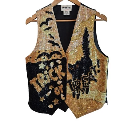 Vintage Halloween Cat Vest Womens Lg Black Trick or Treat Beaded 90s Glam Retro - Image 1 of 4