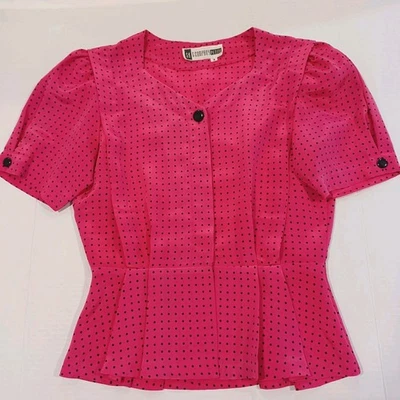 Vtg Silky SK & Company Shirt Hot Pink Black Polka Dots Black Buttons Secretary - Image 1 of 4