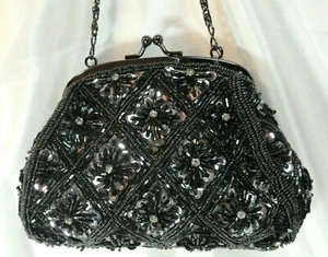 Y & S ORIGINAL Vintage-Look BEADED PURSE, Kisslock Closure Gray/Black, Bag NEW - Picture 1 of 12