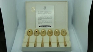 VINTAGE DAVID-ANDERSEN "FAN" 830S SET OF 6 GILDED DEMITASSE SPOONS IN ORIG BX - Picture 1 of 7