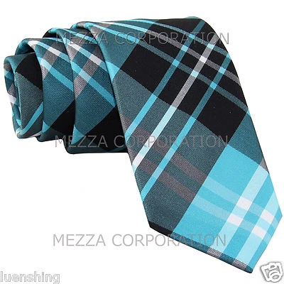 New Men's plaid checkers 2.5" skinny Neck Tie Necktie only formal Turquoise blue - Image 1 of 2