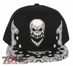 NEW! SKULL MASK SKELETON FLAT BILL BANDANA SNAPBACK BASEBALL CAP HAT BLACK - Picture 1 of 4