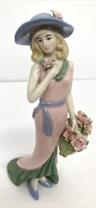 Red Barrel Studio® Aletris Lady w/ Rose Basket Figurine, Porcelain in Pink, 7.9" - Picture 1 of 9