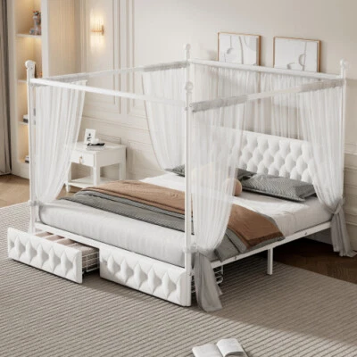 Queen King Metal Canopy Platform Beds with Upholstered Headboard Storage Drawers - Image 1 of 4