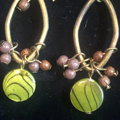 Handmade Boho Hoop Earrings Green Glass Beads & Bronze Wire Retro Artisan Dangle - Image 1 of 3