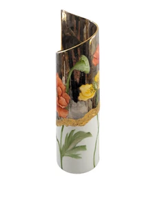 Porzellan Kunst Zylinder Vase Orange Rosegold Blatt Silber Glanz Handbemalt 12" - Bild 1 von 13