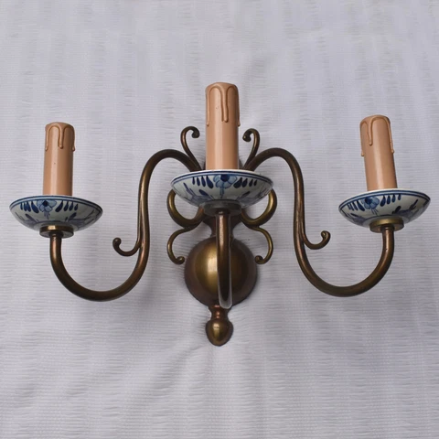 ANTIQUE DUTCH FLEMISH BLUE WHITE DELFT PORCELAIN WALL SCONCE 3 LIGHTS VINTAGE Cover