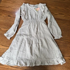 Hayden Dress Girls XL Beige Stripe Long Sleeve Midi Ruffle Pleated Tie Back - Picture 1 of 9
