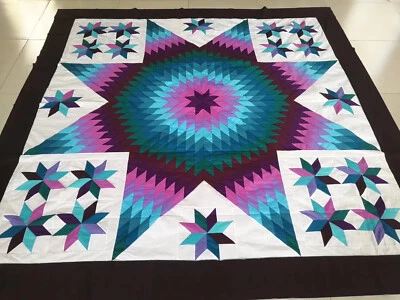Queen  Size Machine pieced Star patchwork quilt top #165A made in USA - Image 1 of 4