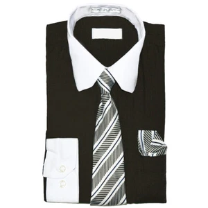 Boys Two Toned Dress Shirt Matching Tie & Hanky Toddler Kids Button Up Set - Picture 1 of 7