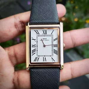 IBSO Tank Square Lather Stainless Steel Back Analogue Thin Quartz Wrist Watch - Picture 1 of 4