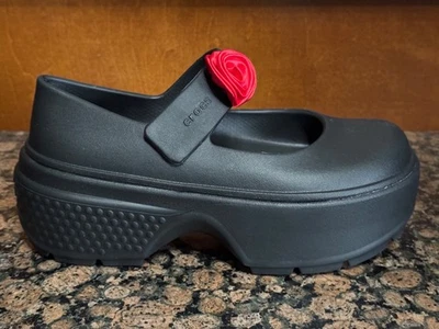 New! Womens CROCS STOMP ROSETTE MARY JANE BLACK with RED ROSE PLATFORM SHOES - Image 1 of 4