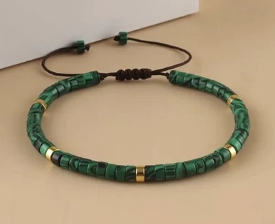✅ Edelstein Armband Malachit Natur Stein Goldene Perlen Boho Unisex Verstellbar✅ - Bild 1 von 4