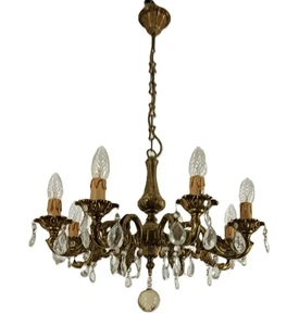 Vintage Kronleuchter Leuchte 8 armig klein Messing Kristall Prismen - Bild 1 von 11