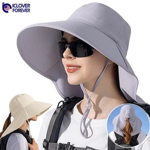 Sombrero para el sol de ala ancha para mujer con agujero de cola de caballo y cuello solapa gorra de cubo protección UV - Imagen 1 de 14