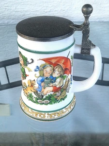 Alte Porzellan Krug BMF Zinndeckel Liebliche Kindermotive Original Bierseidel - Bild 1 von 6