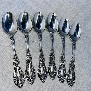 6 UNF73 Stainless Tea Spoons Japan Interpur INR13 Pierced Floral Rose Handle - Picture 1 of 13