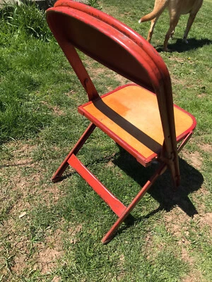 Vintage Folding Chair Child School 1954 Red Metal Wood Plank Seat - Image 1 of 4