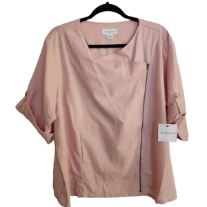 Liz Claiborne Linen Cotton Blend Roll Tab Sleeve Front Zip Top Size XL - Picture 1 of 11