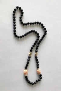 1950s Carved Angel Skin Coral Black Onyx 14k Gold Necklace - Picture 1 of 5