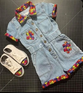 GB Girls denim romper Autism Awareness,shoes youth size 1 - Picture 1 of 2