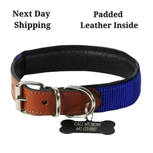 Personalized Dog Collar Blue Leather Collar With ID Tag Large Collar Gift Dog - Picture 1 of 28
