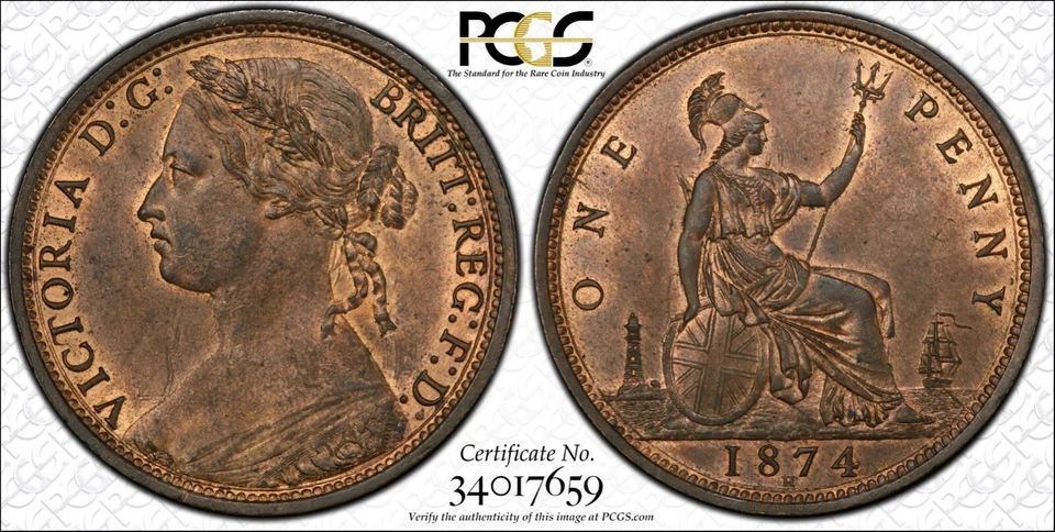 GREAT BRITAIN VICTORIA 1874-H  PENNY COIN, UNCIRCULATED, CERTIFIED PCGS MS65-RB - Image 1 of 4