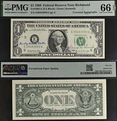 1969 $1 FRN - PMG 66EPQ - Dual Autographs Elston & Kennedy - Rare Collectors Gem - Image 1 of 3