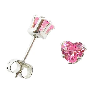 Aretes con poste de corazón rosa de 4 mm en monturas de plata de ley 925 - Imagen 1 de 6