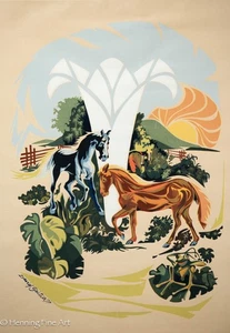 Hermosa serigrafía vintage de 2 caballos en paisaje colorido de David Gaitias - Imagen 1 de 8