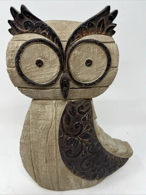 Indoor/Outdoor Brown  Faux Wood Carved Owl 10 1/2 Inches Tall, 7”Wide - Image 1 of 4