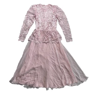 Vintage Miss Elliette Dress Pink Lace Sz 6 Maxi 70s - Picture 1 of 17
