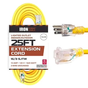 Cable de extensión amarillo de 25 pies - 16/3 SJTW iluminado exterior de alta visibilidad - Imagen 1 de 6