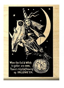 P5  Halloween Witch with owl on moon rubber stamp 3.8x2.5" WM - Picture 1 of 2
