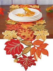 Fall Thanksgiving Table Runner Orange Maple Leaves Harvest Autumn Holiday Par... - Picture 1 of 5