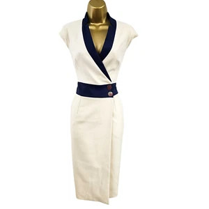 12 UK KAREN MILLEN IVORY FOREVER COLLAR WRAP POPPER PENCIL DRESS - Picture 1 of 14