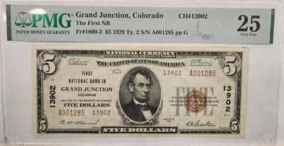 1929 $5 The First National Bank in Grand Junction Colorado PMG VF25 CH# 13902 - Image 1 of 2