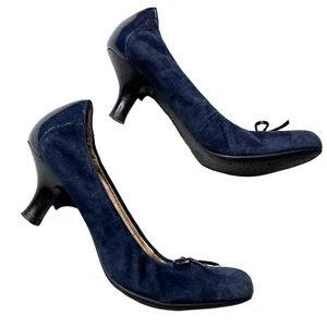 Franco Sarto Womens Blue Leather  Slip On Round Toe Kitten Heel Bow Size 7 M 7M - Picture 1 of 15