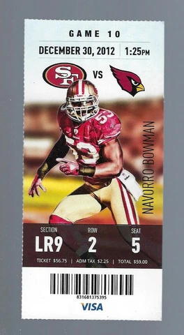 RANDY MOSS FINAL REGULAR SEASON GAME - 2012 NFL CARDINALS @ SF 49ERS FULL TICKET Cover