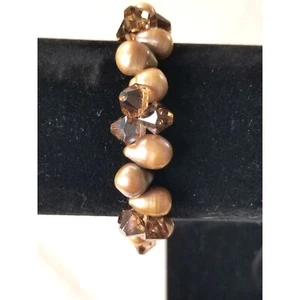 Bracelet Brown Tones Faux Pearls Glass Beads Antiqued Silver Tone Toggle Clasp - Picture 1 of 4