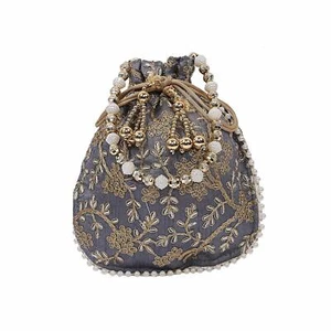 Traditionnel rare sac potli femme en soie brodée fait main gris 1 pièce - Photo 1/3