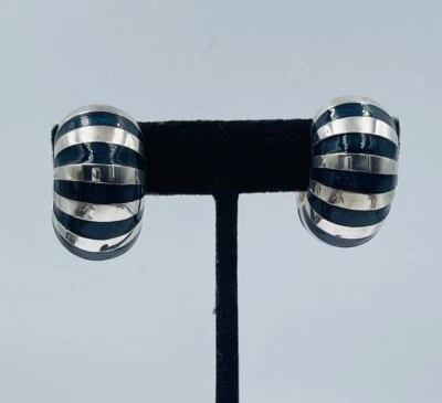 Tiffany & Co. Sterling Silver Blue Enamel Shrimp Shaped Omega Back Earrings - Image 1 of 4