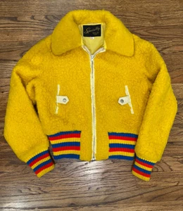 vintage kids Varsity bomber jacket 1970/80s Yellow Bright Ribbed Striped Sz S - Picture 1 of 9