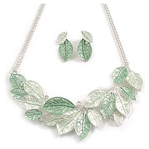 Pastel Mint Green Enamel Leafy Necklace and Stud Earrings Set in Silver Tone - - Picture 1 of 6