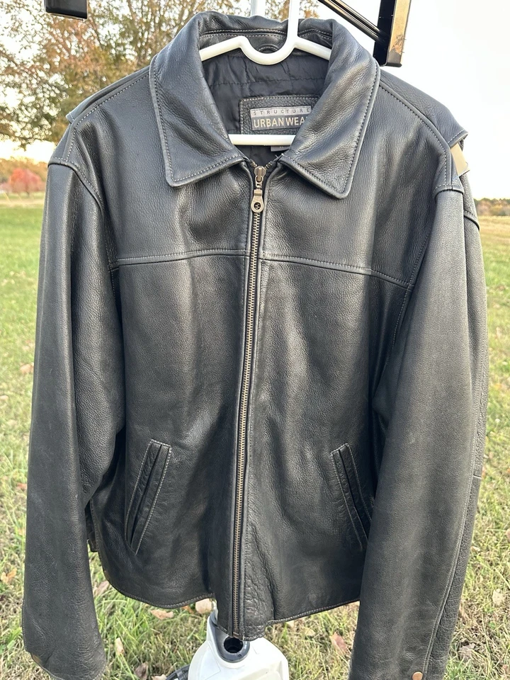 Structure Urbanwear Black leather jacket Men insulated Full zip Motorcycle Bike - Image 1 of 4