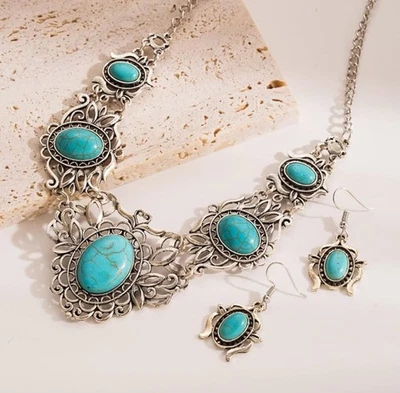 Turquoise Flower Jewelry Set Natural Look Stone Tibetan Silver Choker & Earrings - Image 1 of 4