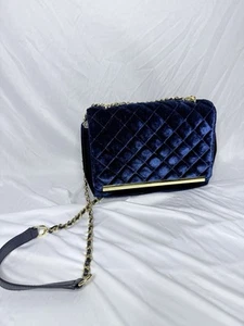 Talbots Velvet Shoulder Bag Quilted Blue Chain Crossbody Strap Adjustable - Picture 1 of 13