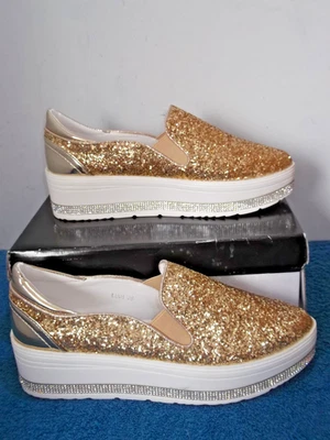 BKELSI - GOLD, SPARKLING, PLATFORM, CHUNKY TRAINERS, SLIP-ONS - SIZE 5, 38 - NEW - Image 1 of 4